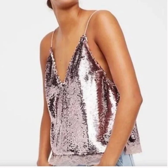Free People Pink Swinging Sequins Lace Tank Top small Barbie - Picture 4 of 9